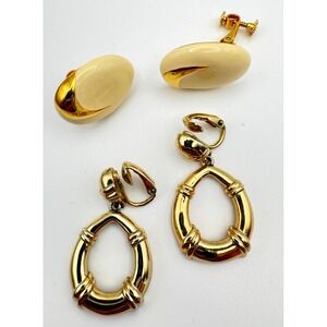 Vintage Napier Earring Monet Clip On Lot Gold Tone Cream Enamel MCM